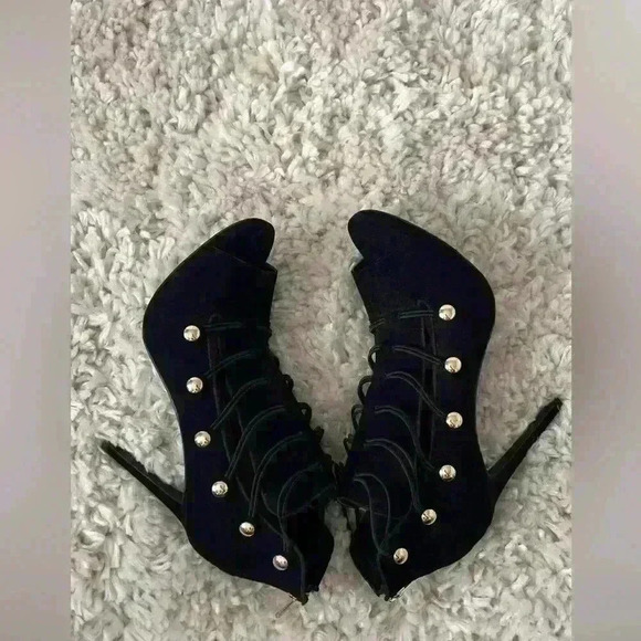 Jessica Simpson black suede like open toe elastic strap heels - Picture 4 of 10